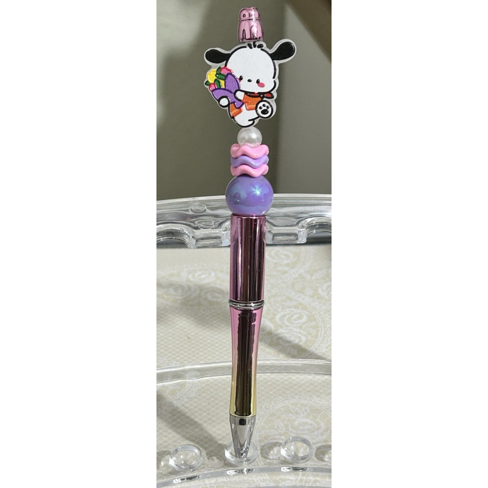 Custom Beaded Pen Pochacco Puppy Flowers Purple Ombre Fun Handmade Gift